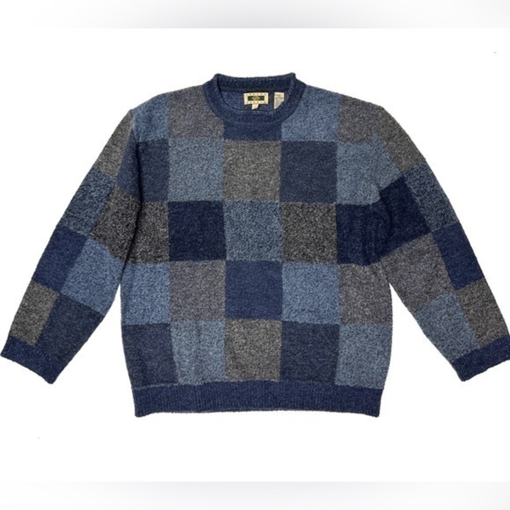 Joseph Abboud Wool Fuzzy Cozy Long Sleeve Checkered Blue Sweater Men's XL